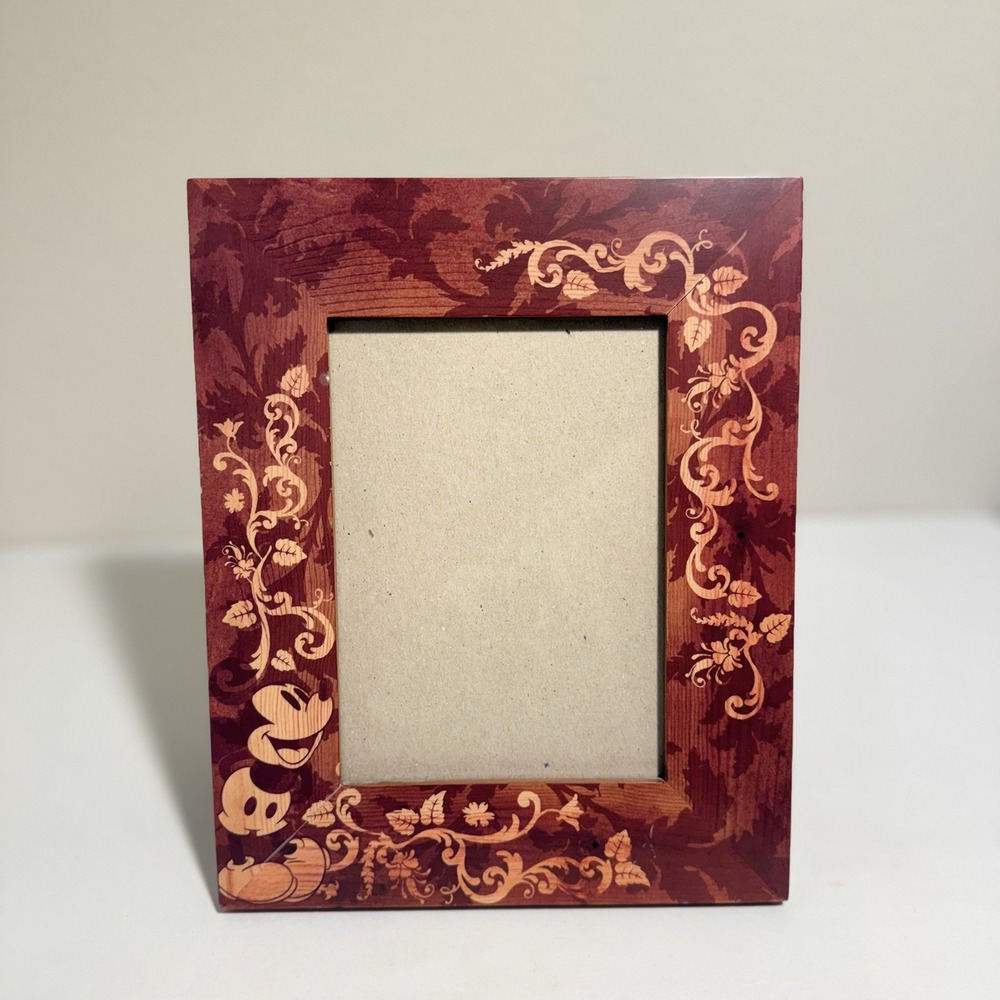 Disney Mickey Mouse Wood Grain Picture Frame 5x7 Photo Floral Design Brown Leaf